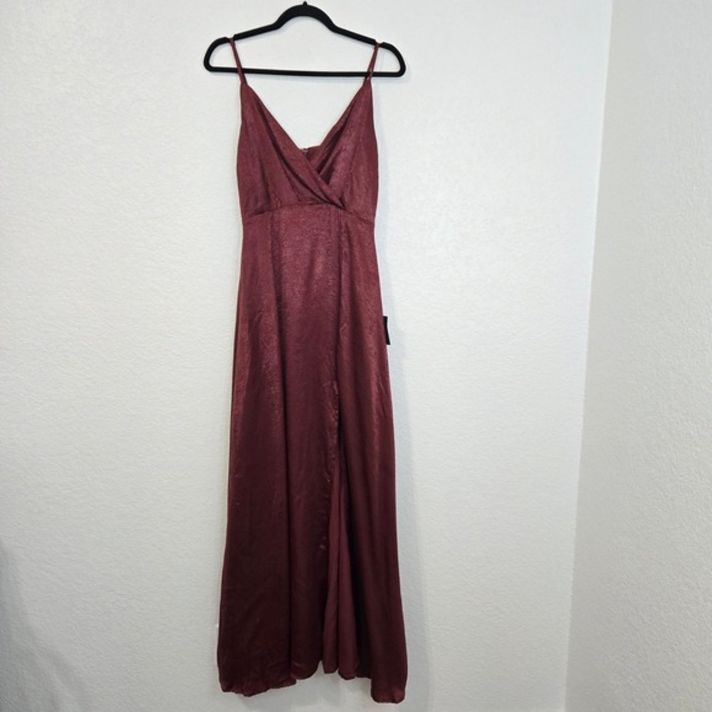 Lulus M Constantine Burgundy Satin V Neck Maxi Dress High Slit‎ Formal Evening